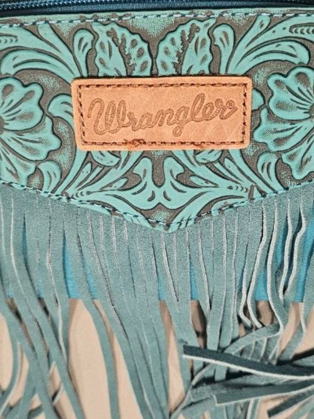 Turquoise Wrangler Crossbody bag features vintage floral tooling and authentic - Picture 9 of 9